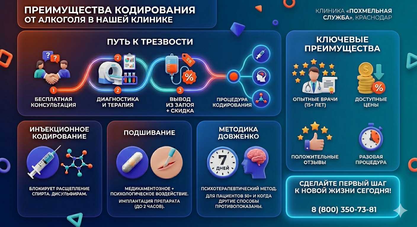 Инфографика о методах кодирования от алкоголя в Селенгинске: инъекции, подшивание, метод Довженко. Преимущества клиники и этапы лечения.
