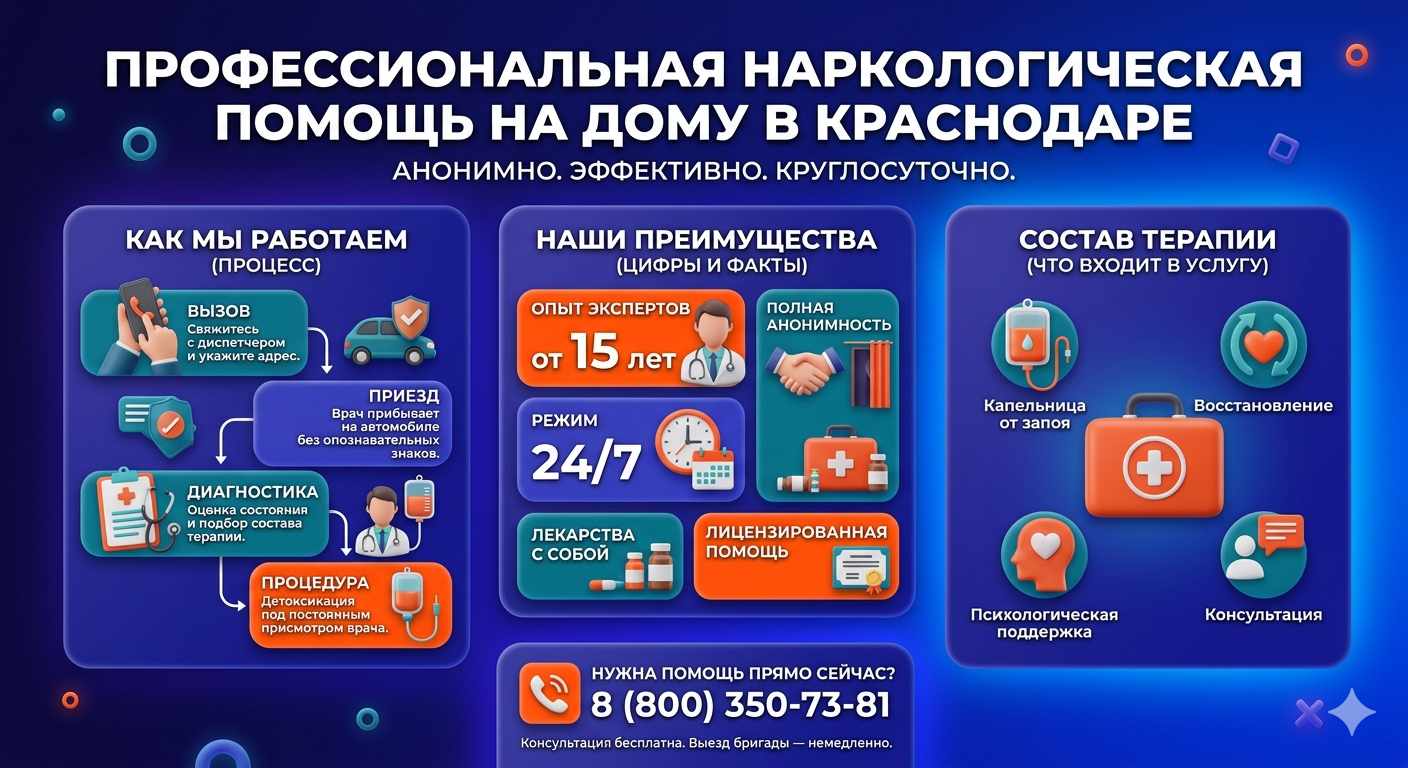 Инфографика о принципах лечения алкоголизма на дому в Селенгинске: этапы вызова нарколога, преимущества анонимной детоксикации и состав медицинской помощи.